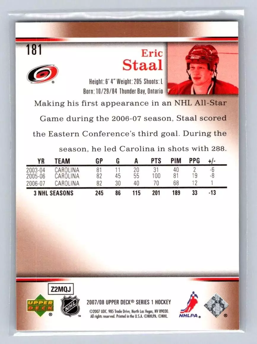 2007-08 Upper Deck #181 Eric Staal 1