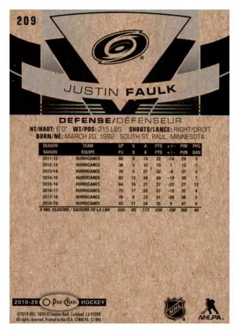 2019-20 O-Pee-Chee #209 Justin Faulk 1
