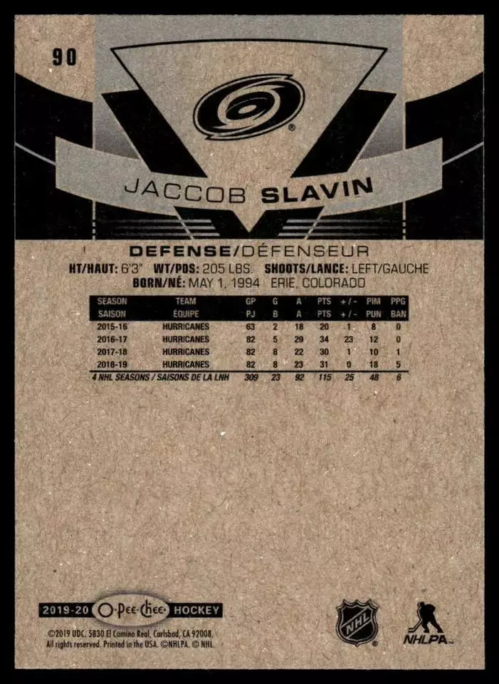 2019-20 O-Pee-Chee #90 Jaccob Slavin 1