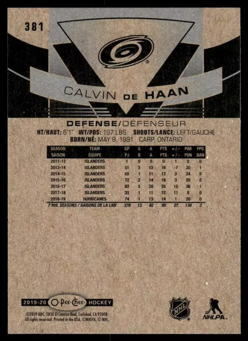 2019-20 O-Pee-Chee #381 Calvin de Haan 1
