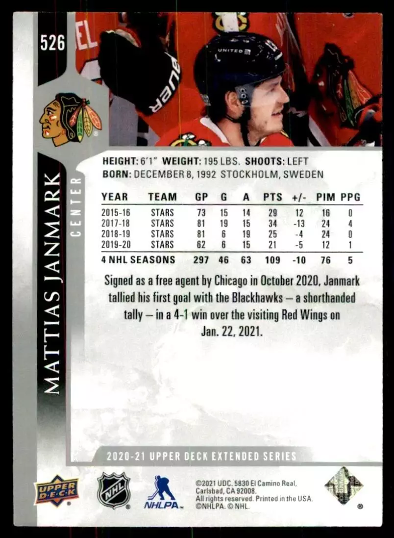 2020-21 Upper Deck #526 Mattias Janmark 1