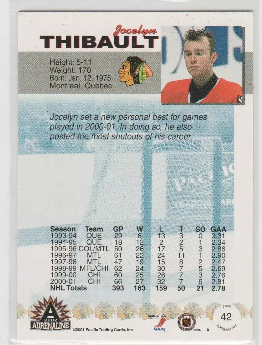 2001-02 Pacific Adrenaline #42 Jocelyn Thibault 1