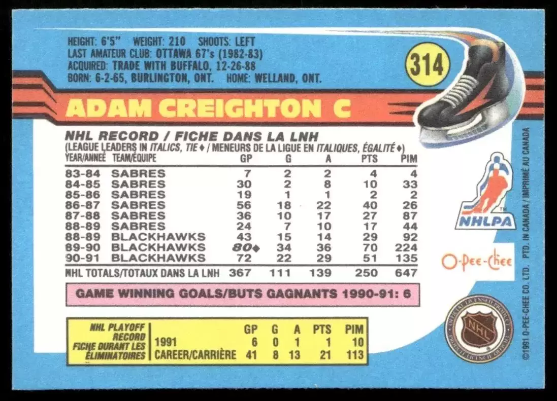 1991-92 O-Pee-Chee #314 Adam Creighton 1