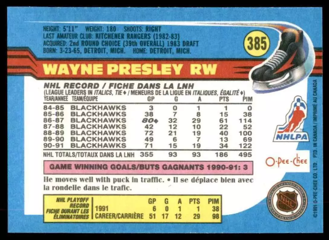 1991-92 O-Pee-Chee #385 Wayne Presley 1