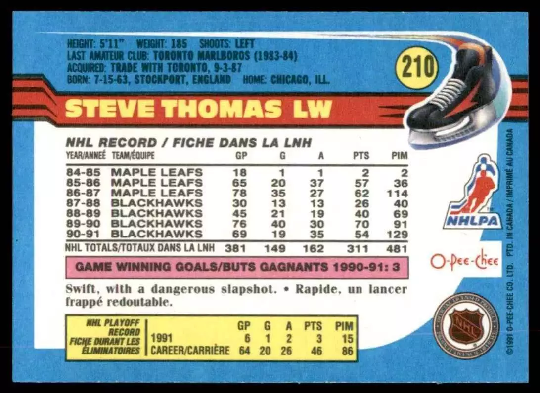 1991-92 O-Pee-Chee #210 Steve Thomas 1