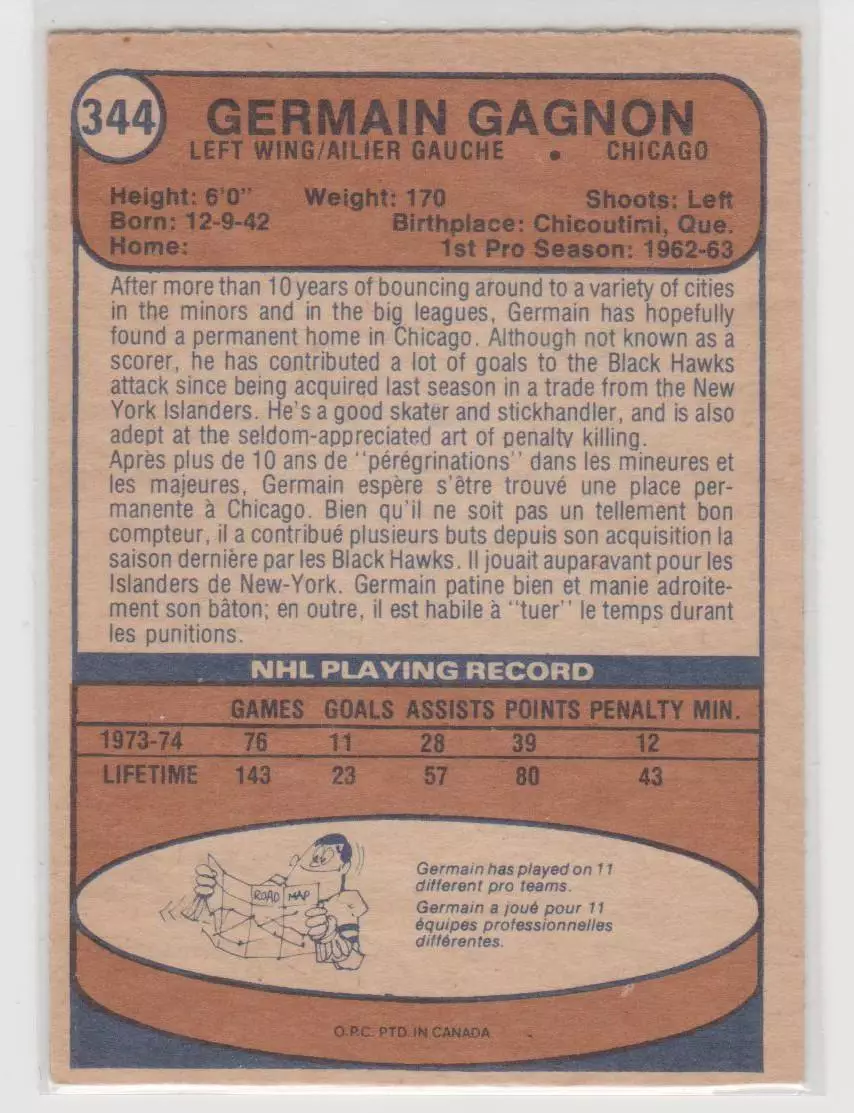1974-75 O-Pee-Chee #344 Germaine Gagnon 1