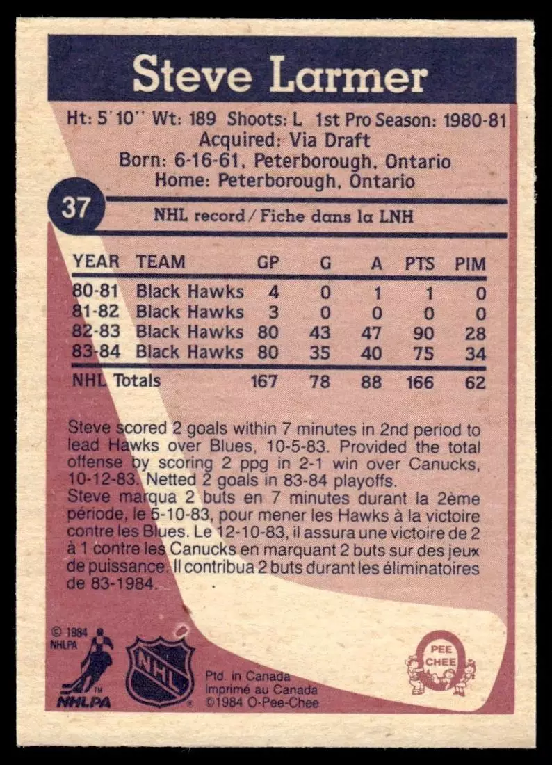 1984-85 O-Pee-Chee #37 Steve Larmer 1