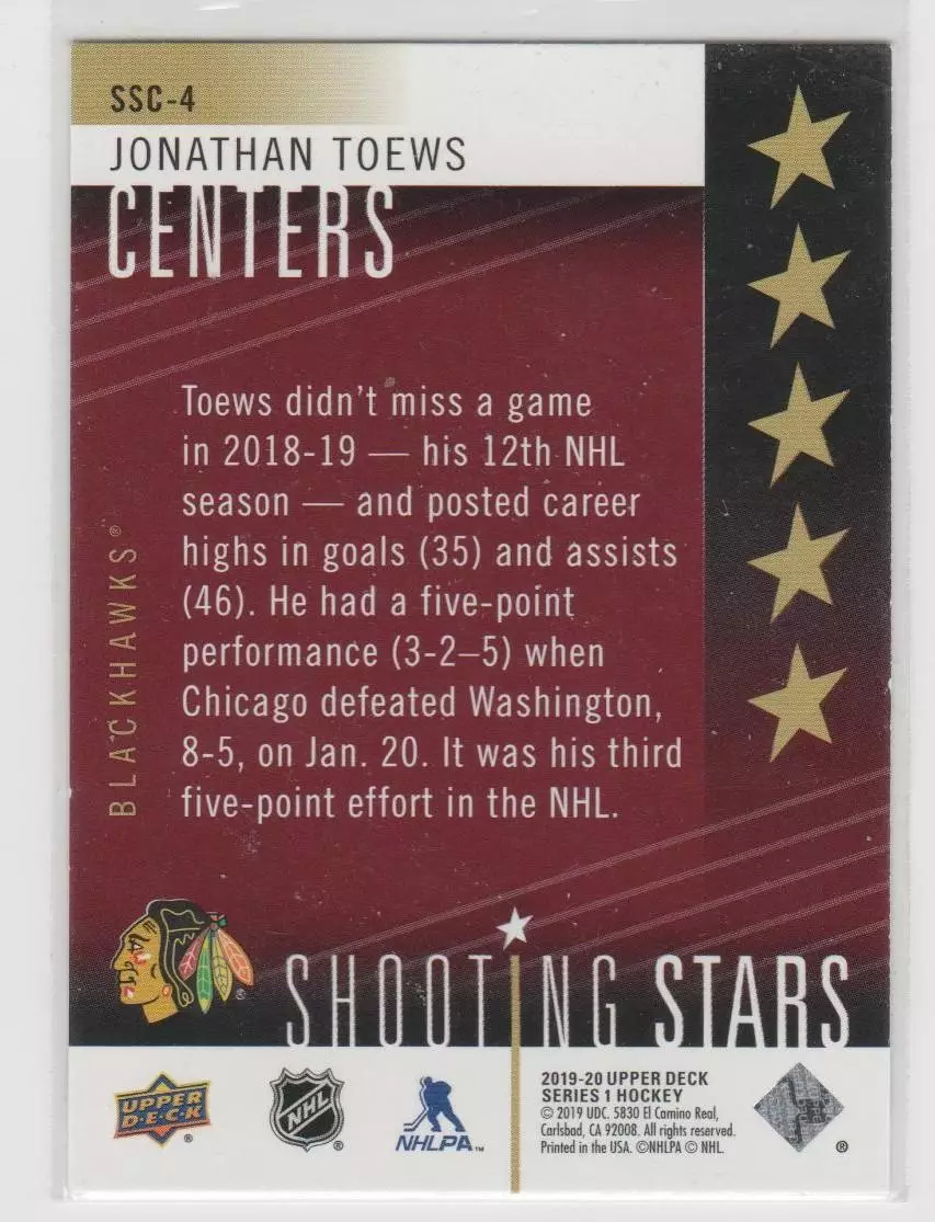 2019-20 Upper Deck Shooting Stars Centers Red #SSC4 Jonathan Toews 1