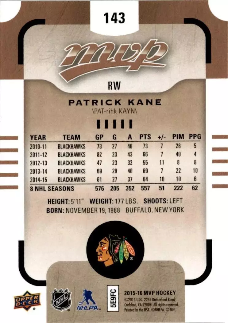 2015-16 Upper Deck MVP #143 Patrick Kane SP 1