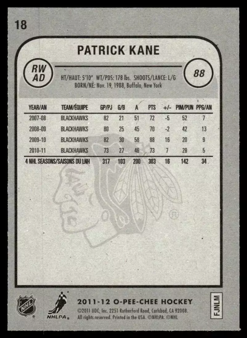 2011-12 O-Pee-Chee #18 Patrick Kane 1