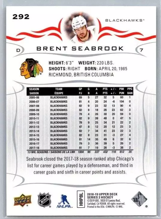 2018-19 Upper Deck #292 Brent Seabrook 1