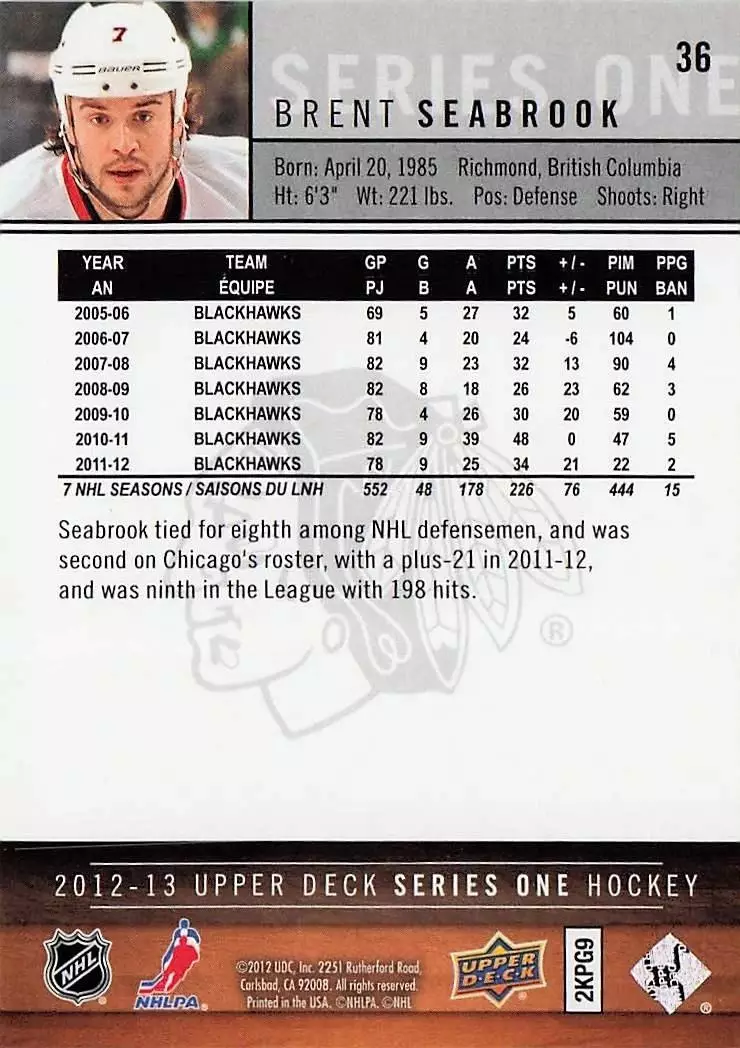 2012-13 Upper Deck #36 Brent Seabrook 1