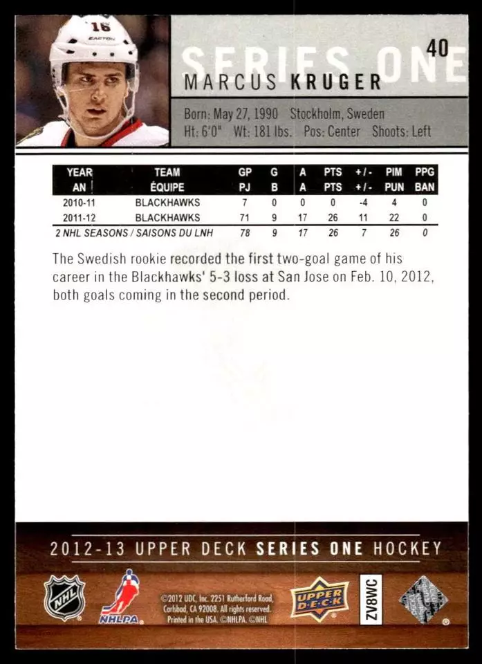 2012-13 Upper Deck #40 Marcus Kruger 1