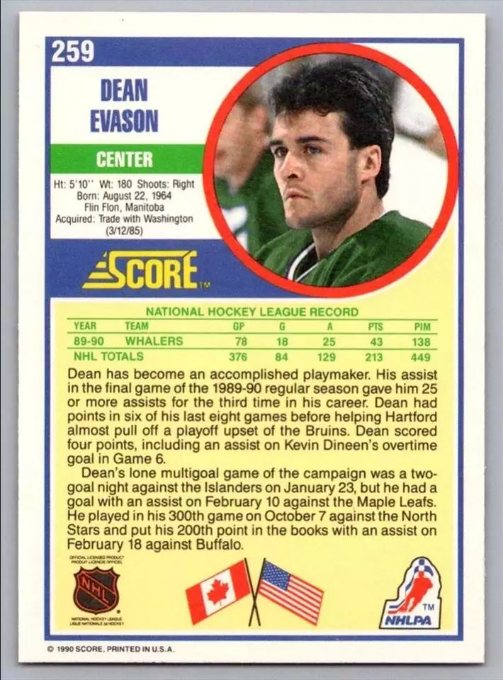 1990-91 Score #259A Dean Evason 1