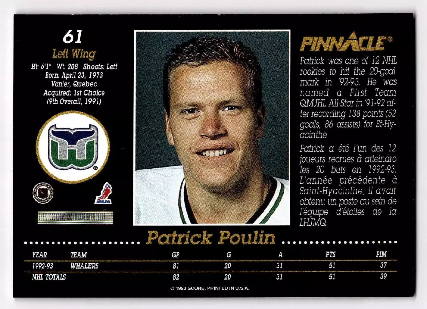 1993-94 Pinnacle #61 Patrick Poulin 1
