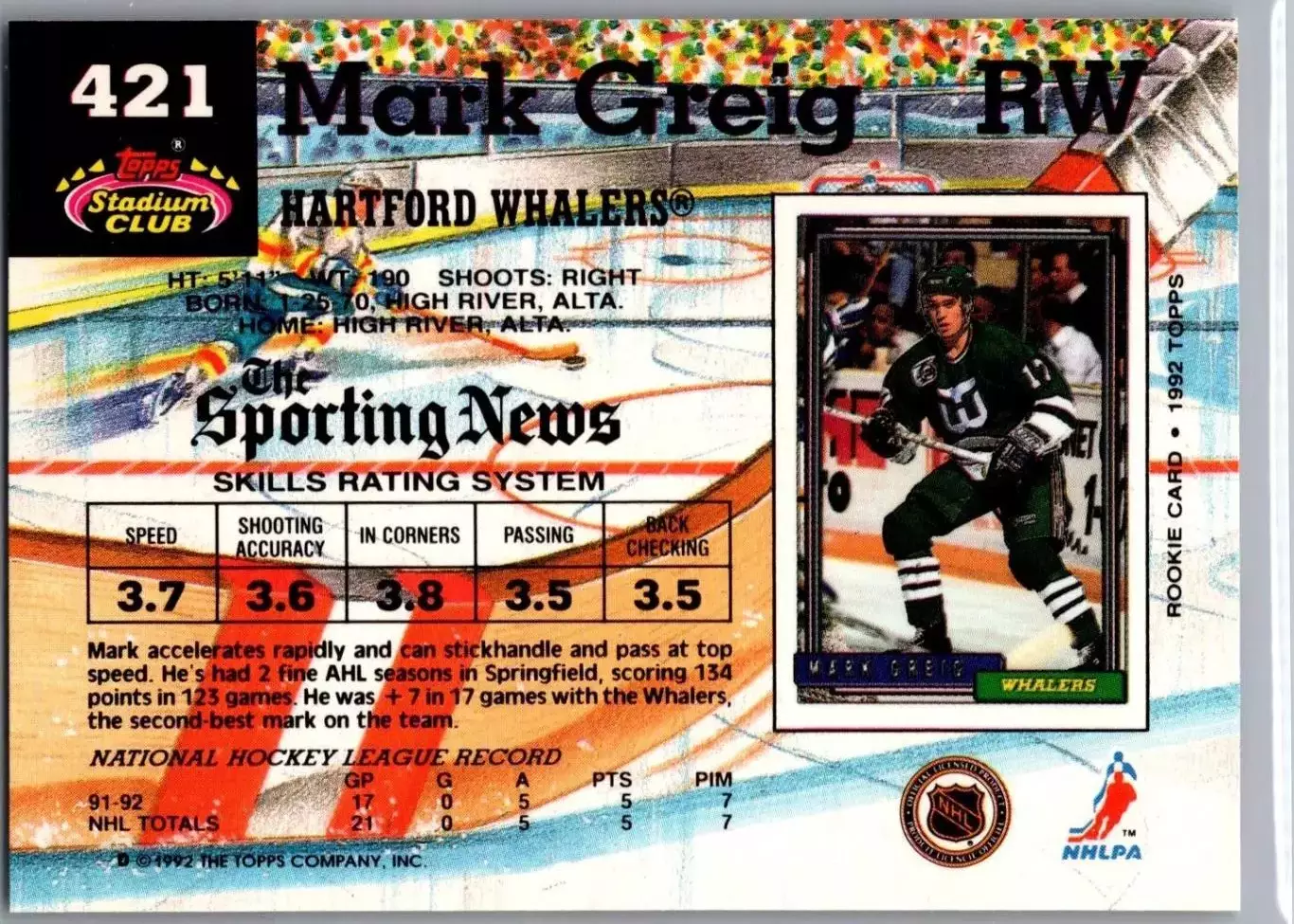1992-93 Stadium Club #421 Mark Greig 1
