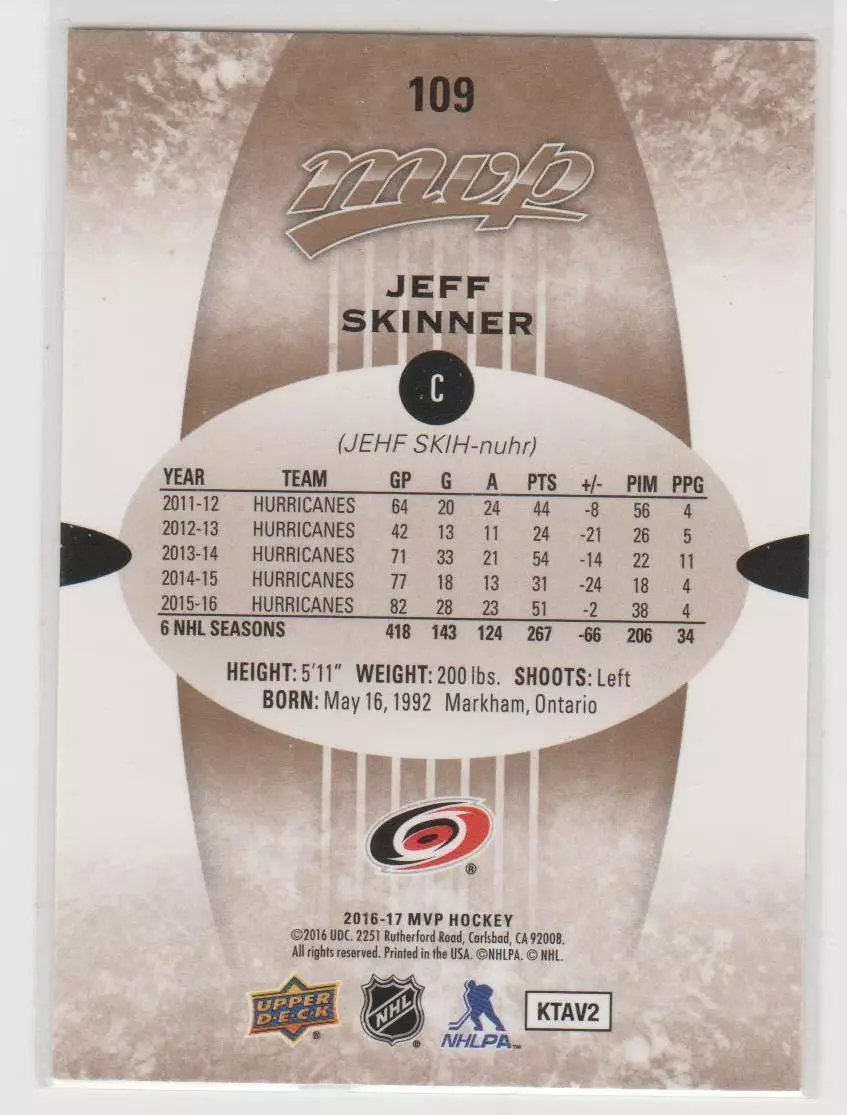 2016-17 Upper Deck MVP #109 Jeff Skinner 1