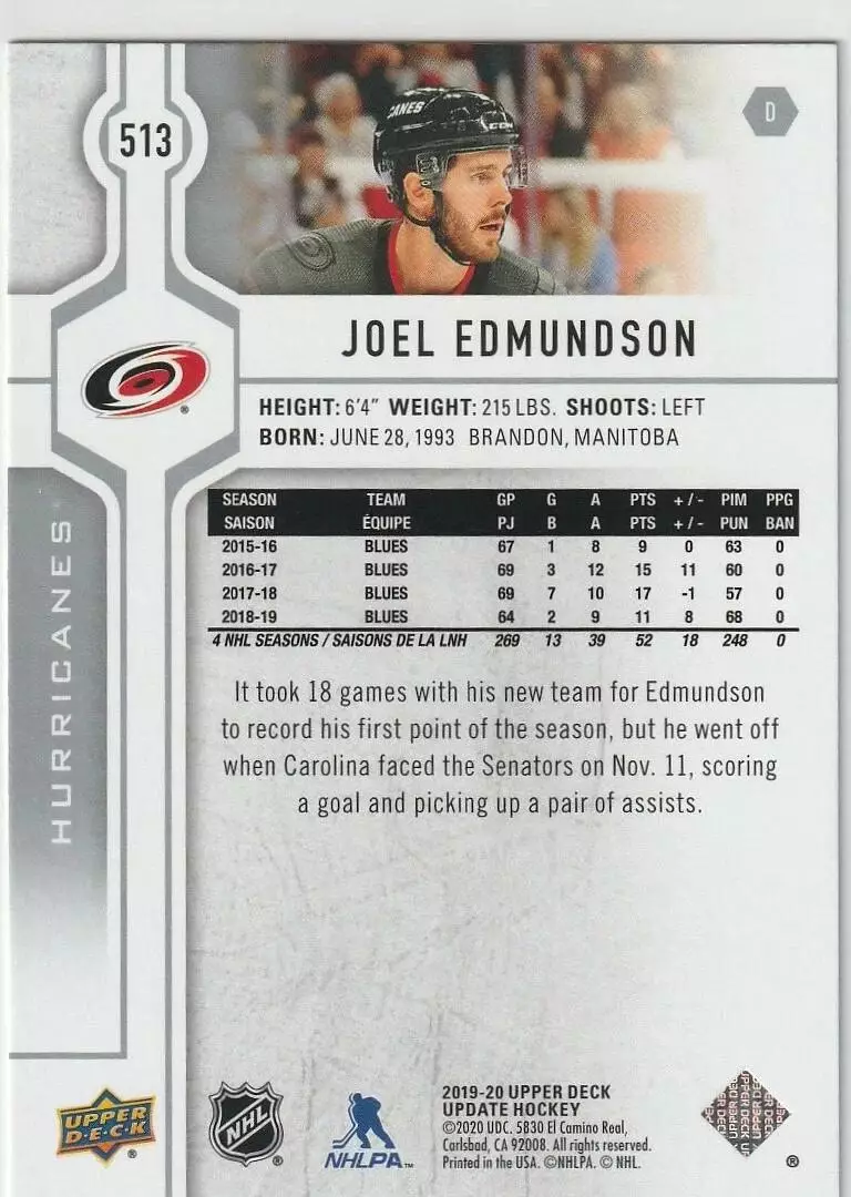 2019-20 Upper Deck #513 Joel Edmundson 1