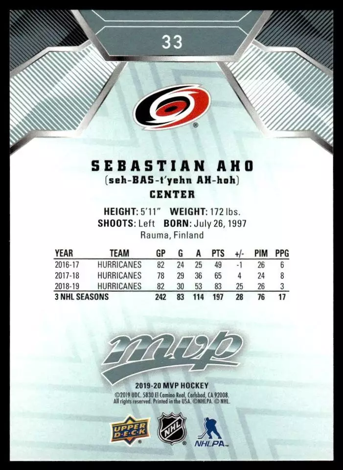 2019-20 Upper Deck MVP #33 Sebastian Aho 1