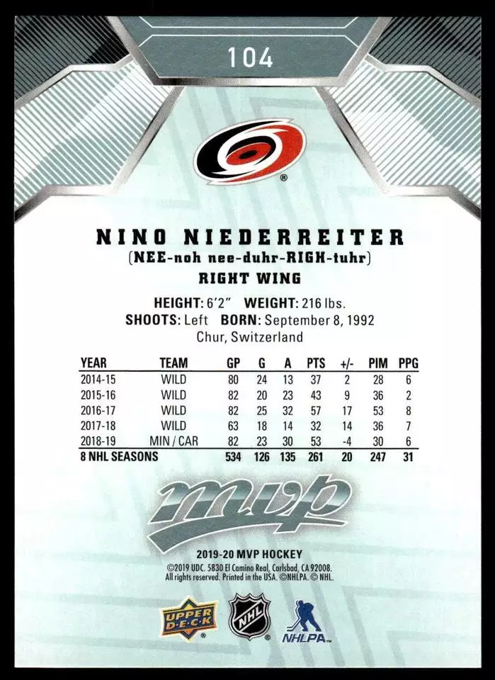 2019-20 Upper Deck MVP #104 Nino Niederreiter 1