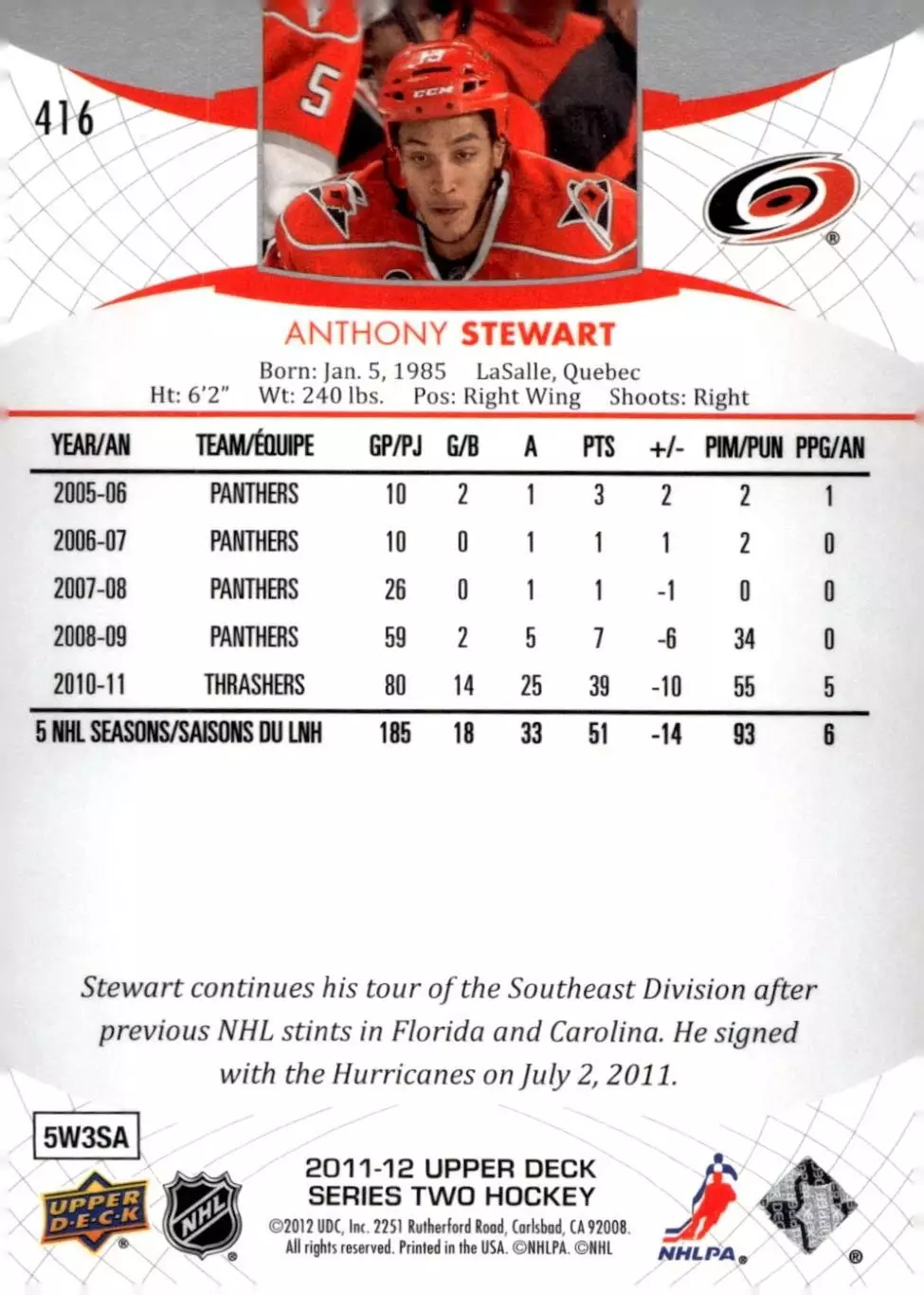 2011-12 Upper Deck #416 Anthony Stewart 1