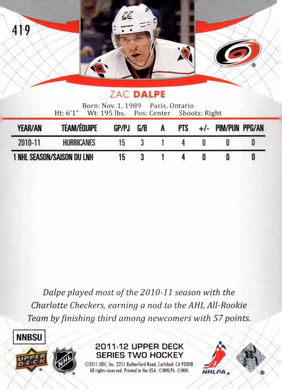 2011-12 Upper Deck #419 Zac Dalpe 1
