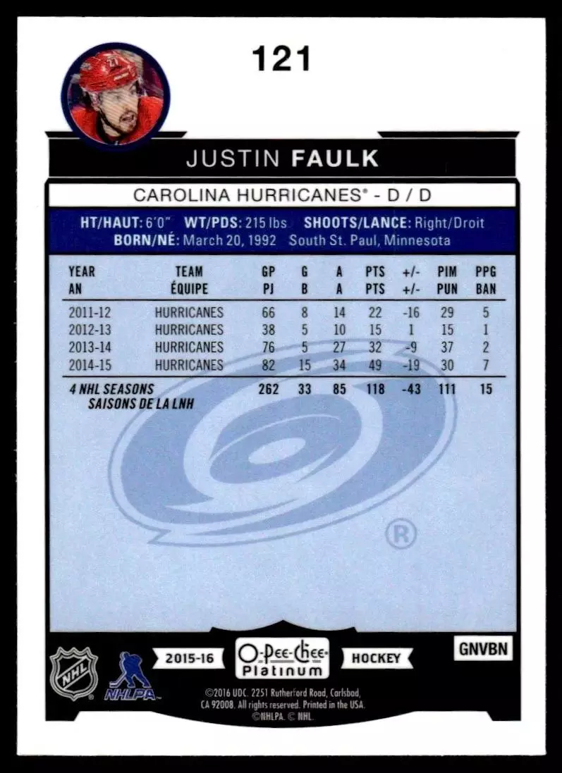 2015-16 O-Pee-Chee Platinum #121 Justin Faulk 1