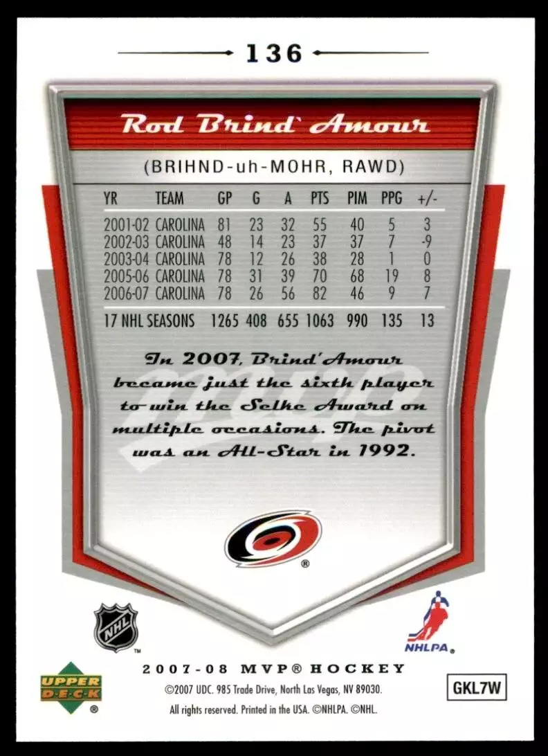 2007-08 Upper Deck MVP #136 Rod Brind'Amour 1