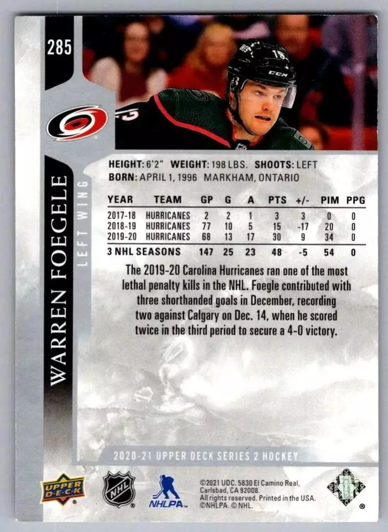 2020-21 Upper Deck #285 Warren Foegele 1