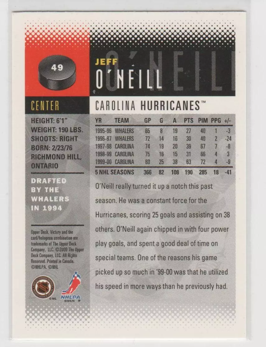 2000-01 Upper Deck Victory #49 Jeff O'Neill 1