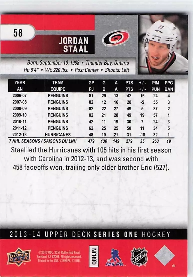 2013-14 Upper Deck #58 Jordan Staal 1