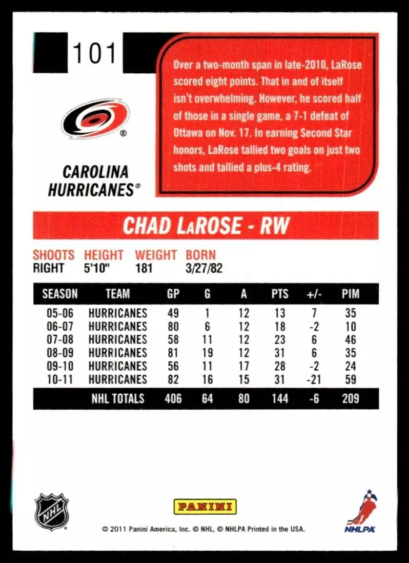 2011-12 Score #101 Chad LaRose 1