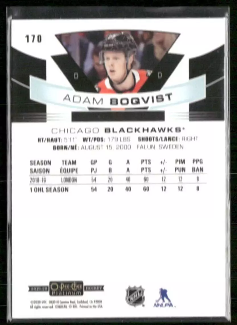 2019-20 O-Pee-Chee Platinum #170 Adam Boqvist RC 1
