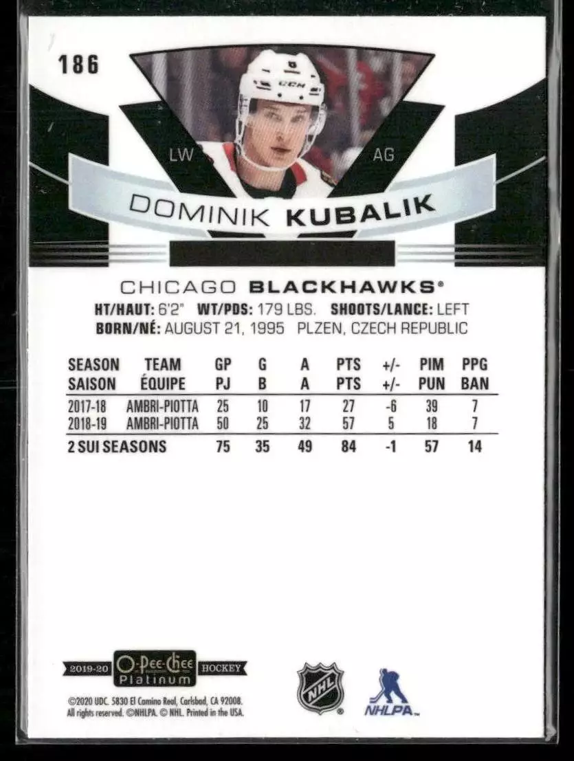2019-20 O-Pee-Chee Platinum #186 Dominik Kubalik RC 1