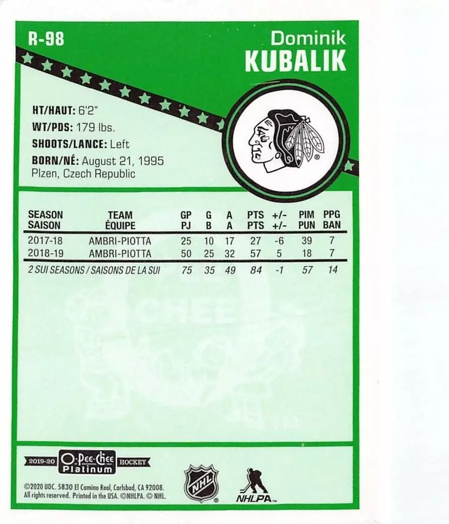 2019-20 O-Pee-Chee Platinum Retro #R98 Dominik Kubalik RC 1