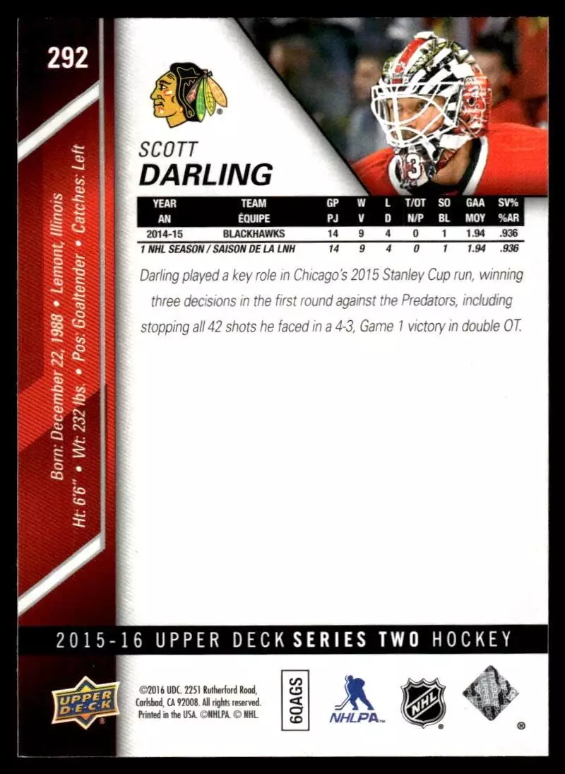 2015-16 Upper Deck #292 Scott Darling 1