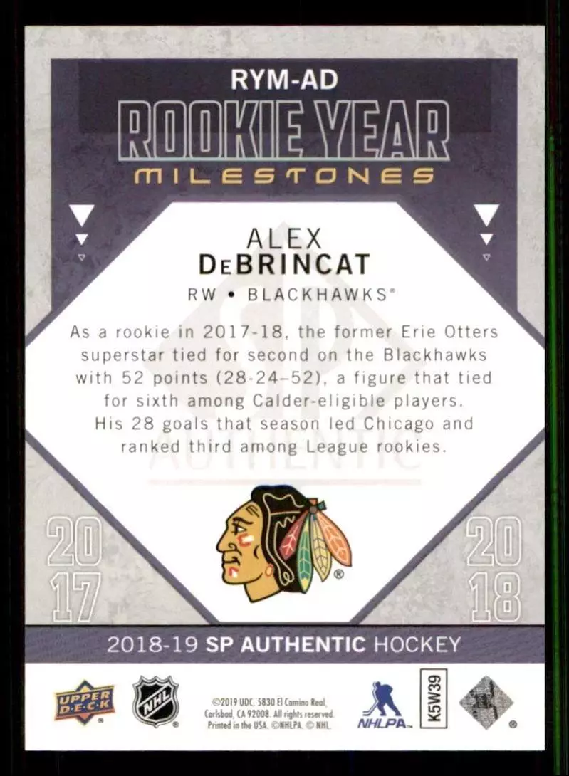 2018-19 SP Authentic Rookie Year Milestones #RYMAD Alex DeBrincat 1