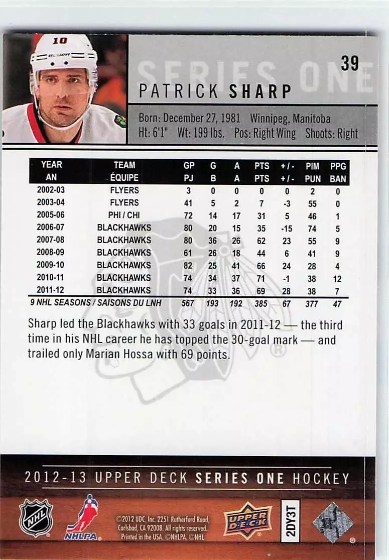 2012-13 Upper Deck #39 Patrick Sharp 1