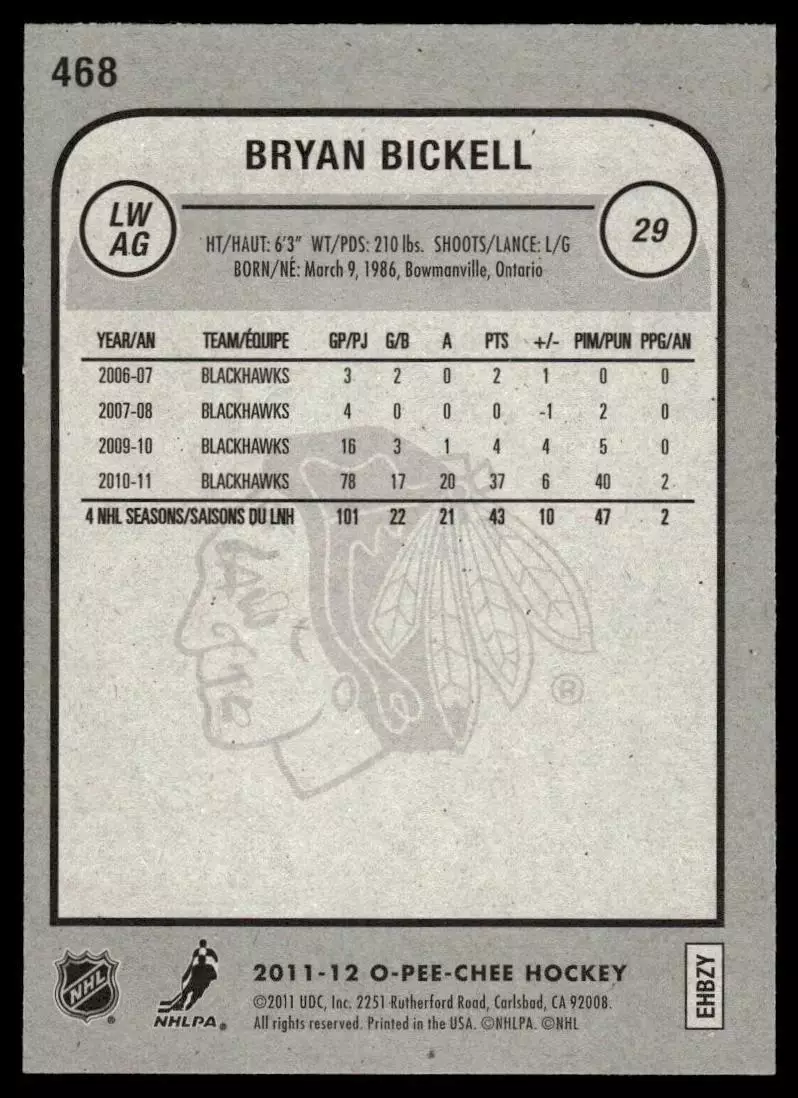 2011-12 O-Pee-Chee #468 Bryan Bickell 1