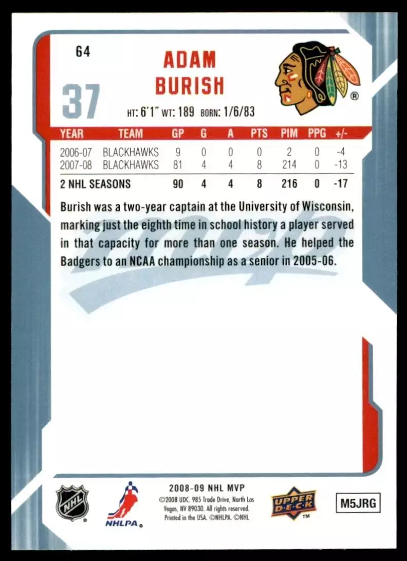 2008-09 Upper Deck MVP #64 Adam Burish 1