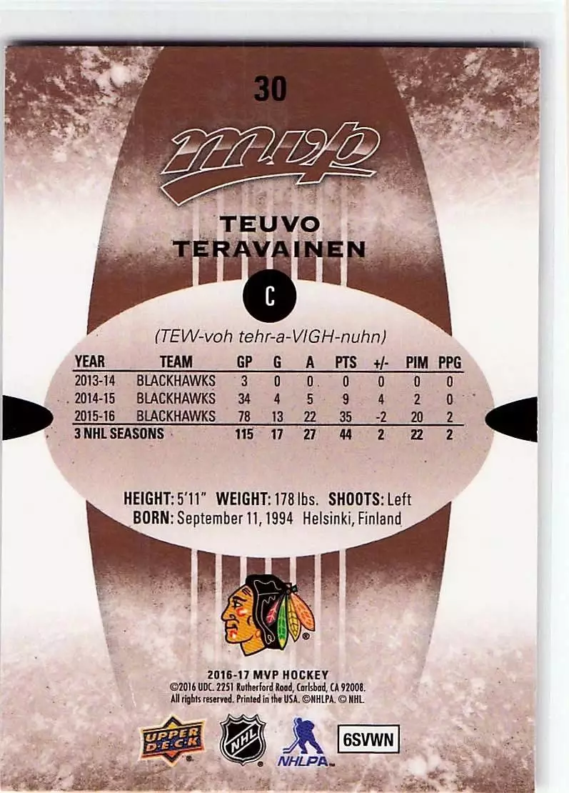 2016-17 Upper Deck MVP #30 Teuvo Teravainen 1