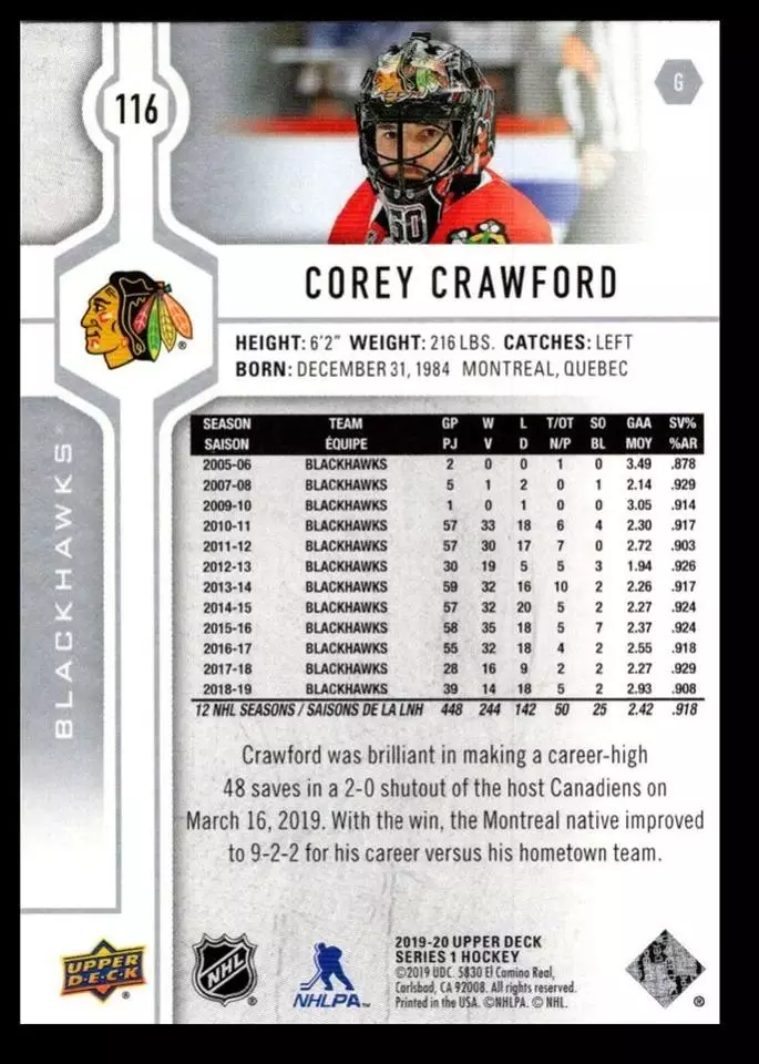 2019-20 Upper Deck #116 Corey Crawford 1