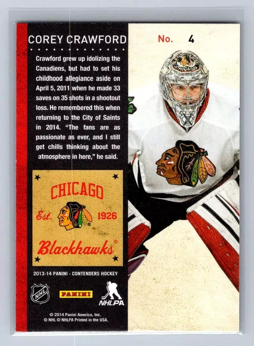 2013-14 Panini Contenders #4 Corey Crawford 1