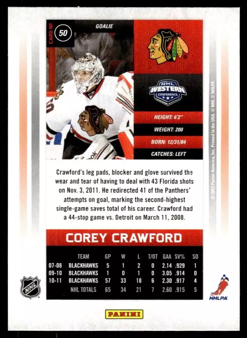 2011-12 Panini Contenders #50 Corey Crawford 1