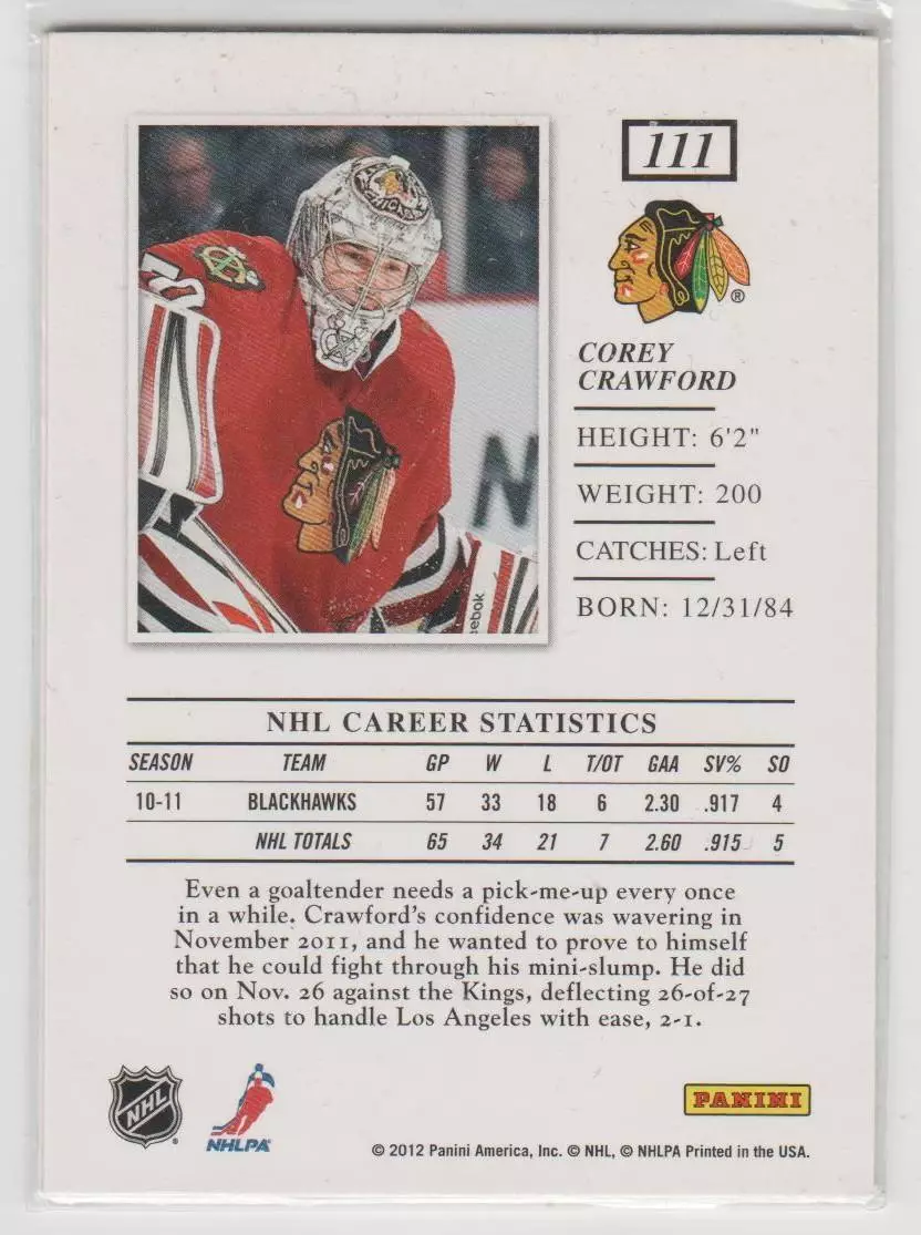 2011-12 Elite #111 Corey Crawford 1