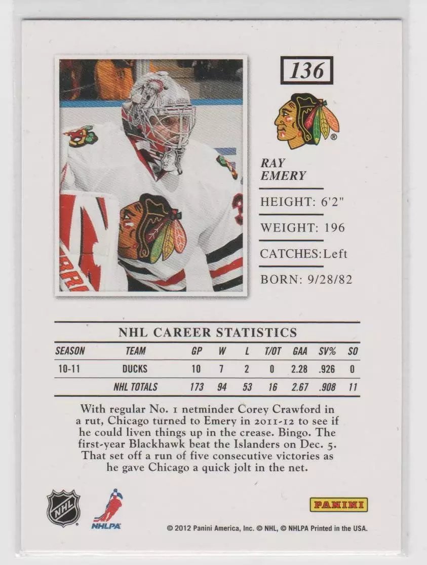 2011-12 Elite #136 Ray Emery 1