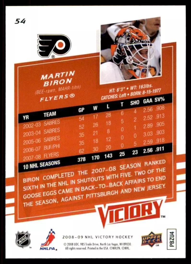 2008-09 Upper Deck Victory #54 Martin Biron 1