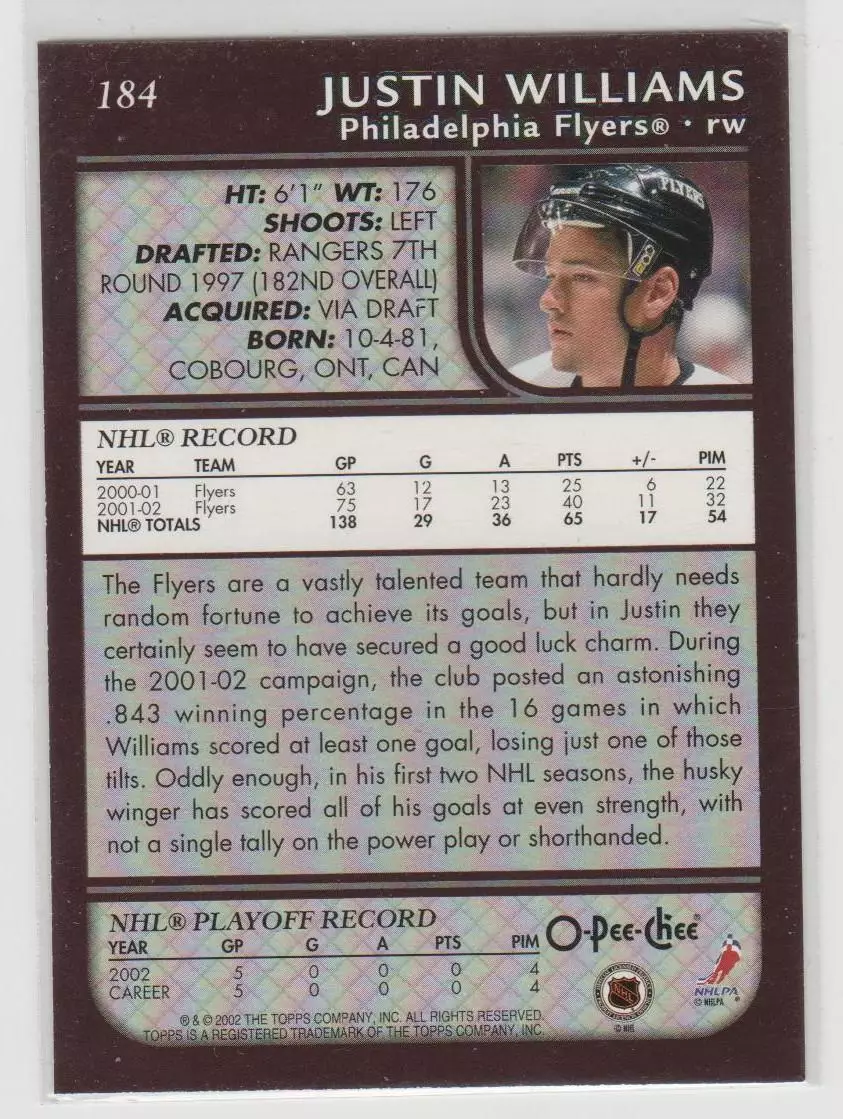 2002-03 O-Pee-Chee #184 Justin Williams 1