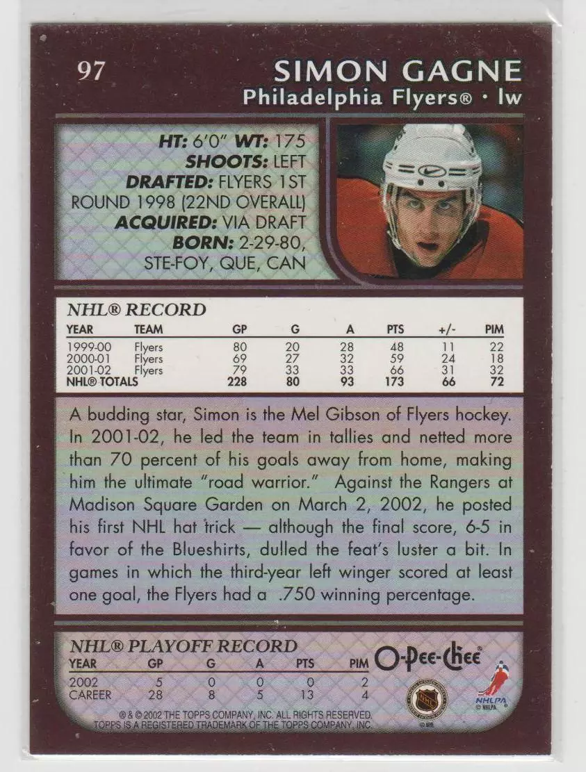 2002-03 O-Pee-Chee #97 Simon Gagne 1