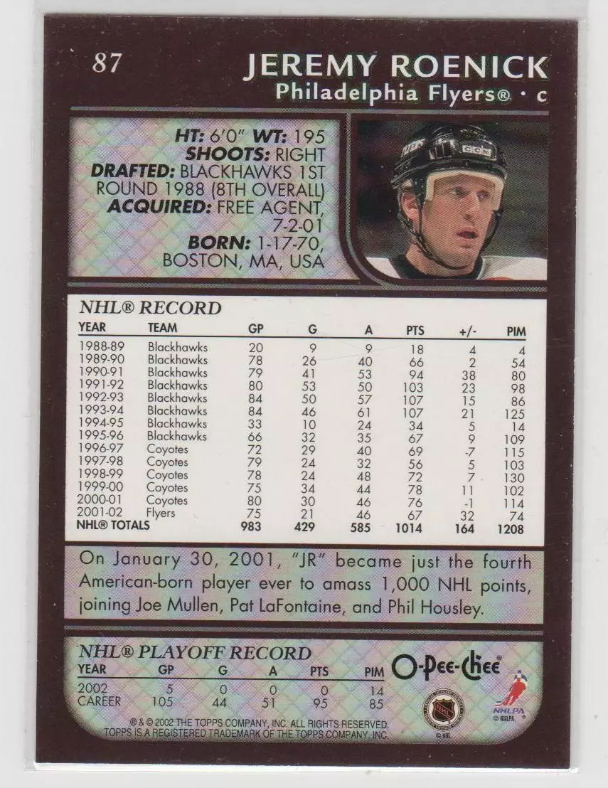 2002-03 O-Pee-Chee #87 Jeremy Roenick 1